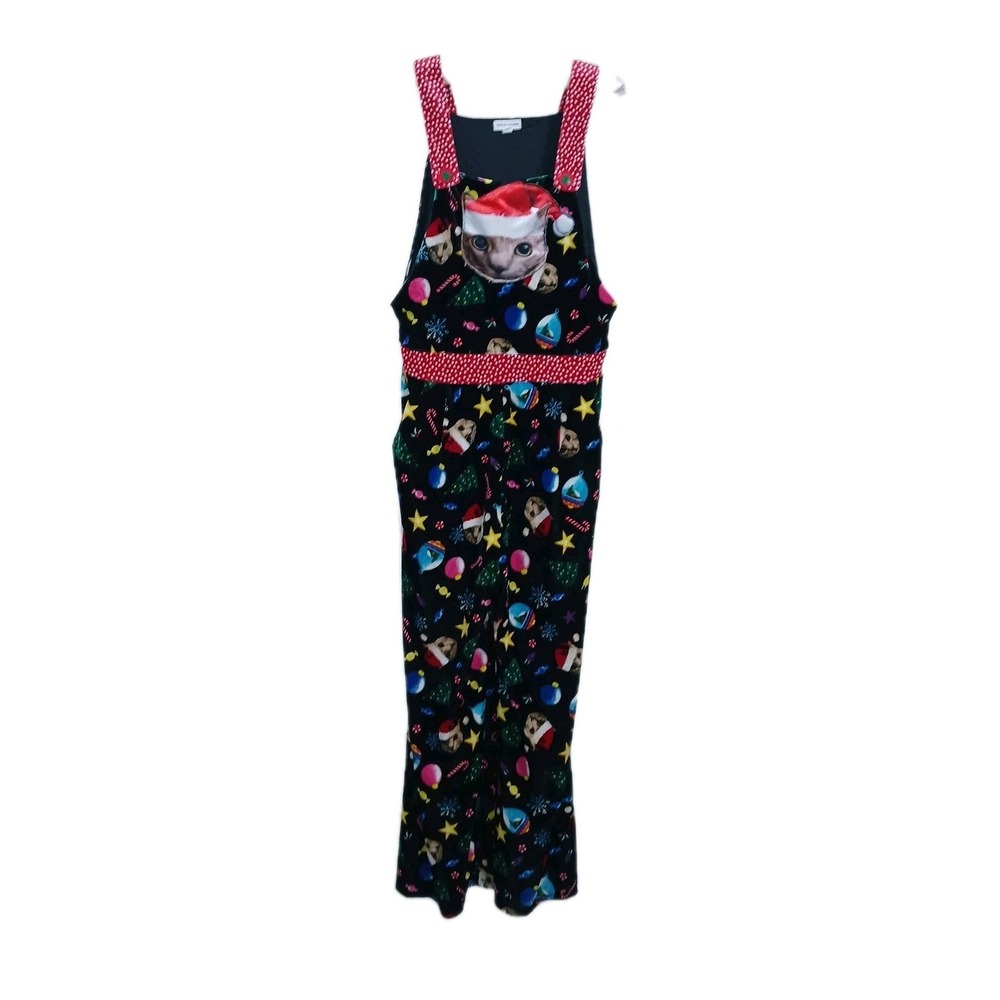 Cat Lady Christmas Overalls Jumpsuit M Black Women Velour Novelty Holiday Party